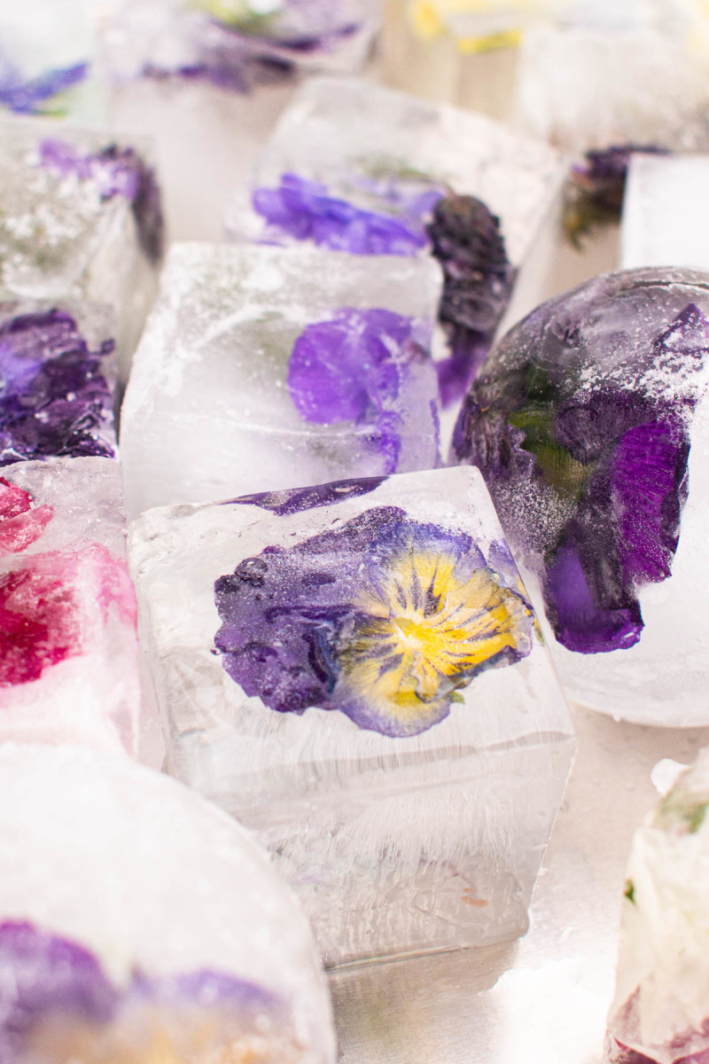 Frozen wine cubes with edible flowers