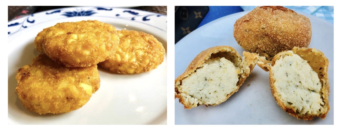 Left, three Chinese-style potato cakes with rice. Right, three Italian-style potato croquettes with cheese, marjoram, and garlic.