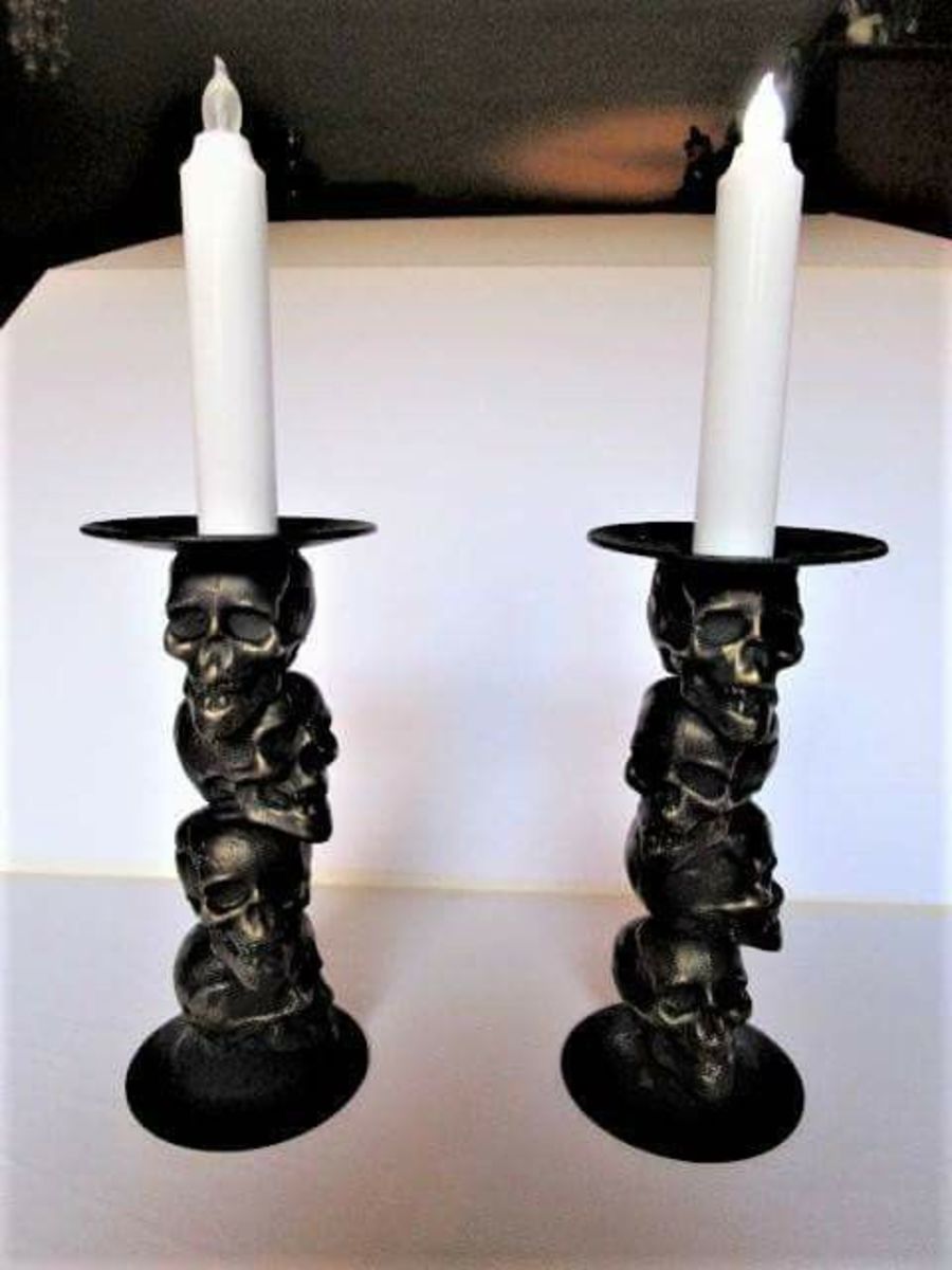 Black and Bronze Skull Candle Holders (Dry-brush gold paint over black paint to get this effect.)
