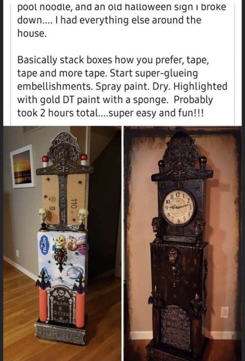 Spooky Grandfather Clock Made From Boxes and Repurposed Decorations