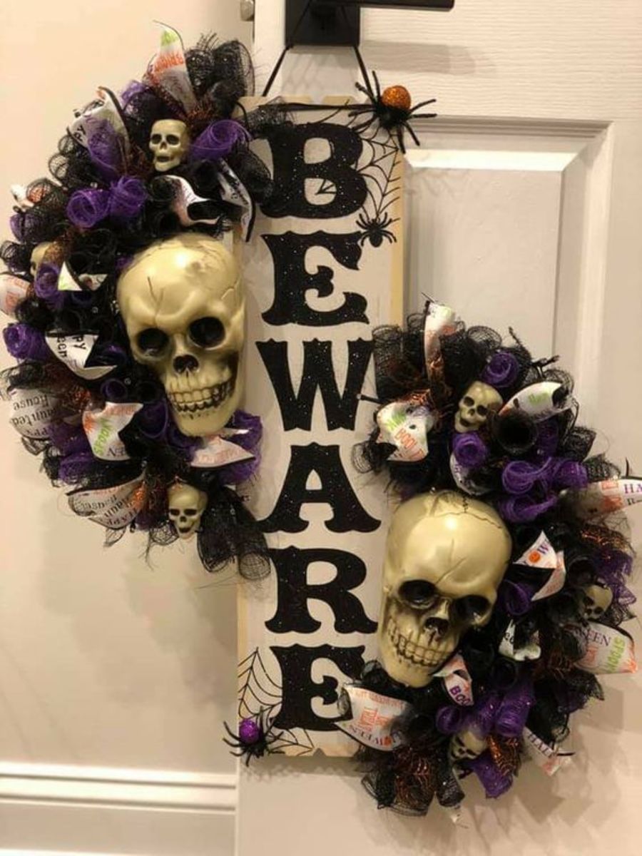 Gothic Skull and Flowers "Beware" Sign