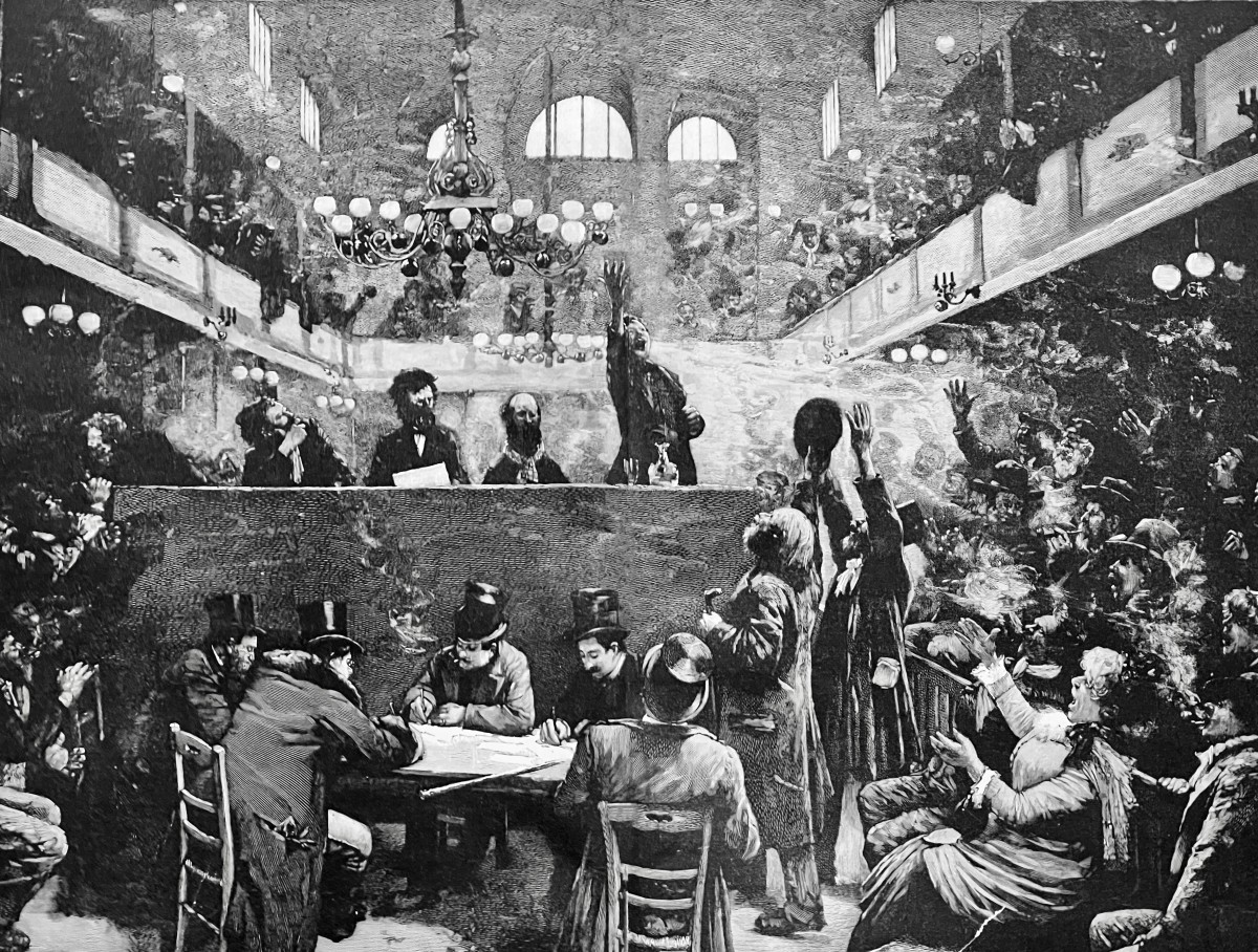 A 19th-century illustration shows a speech being made in the French parliament during the revolution.