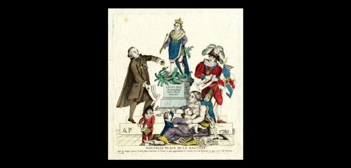 A hand-drawn satirical cartoon from 1789 shows a peasant woman and her children sitting at the base of a statue of King Louis XVI, with the Clergy to one side and the nobility to the other.