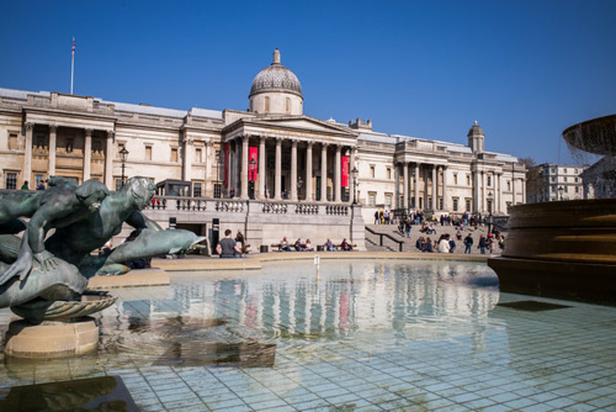 The imposing façade of the National Gallery in London's Trafalgar Square.