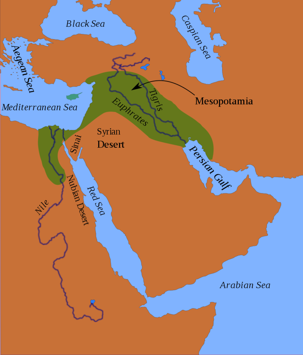 A map detailing Mesopotamia (between the Tigris and Euphrates rivers) and ancient Egypt (along the Nile). Where the Tigris and Euphrates meet is the area of Sumer. The whole region is also often referred to as the Fertile Crescent.  