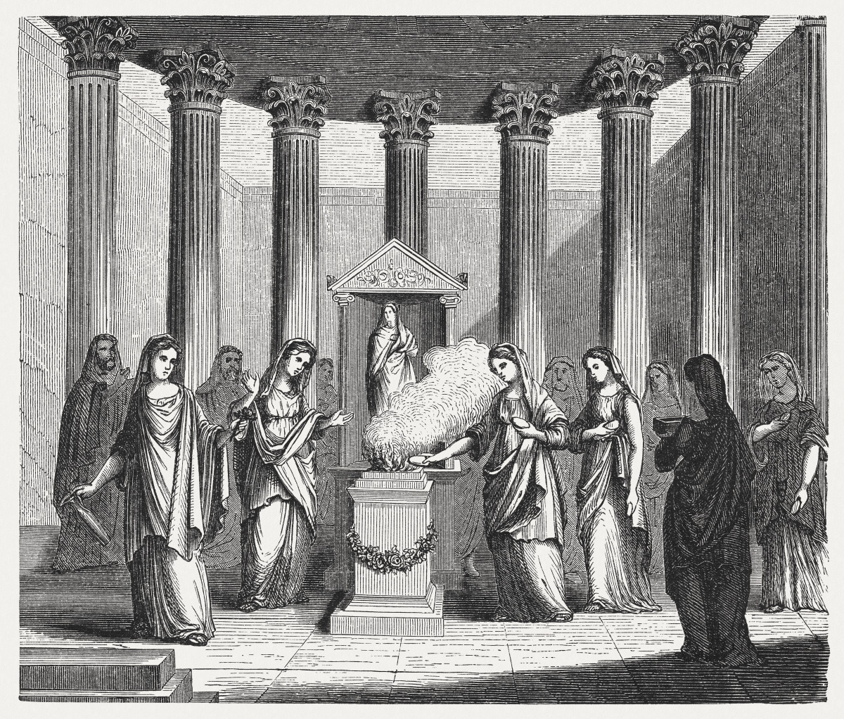 The Vestal Virgins tend the fire in the Temple of Vesta, goddess of the hearth.