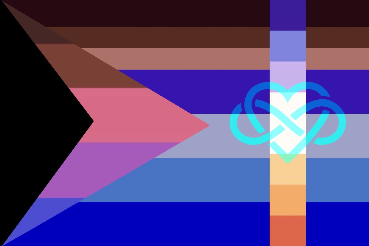 A flag put together to represent how Sam Identifies as polyam, Black Sapphic, Demibiromantic, and Black Bi and asexual.