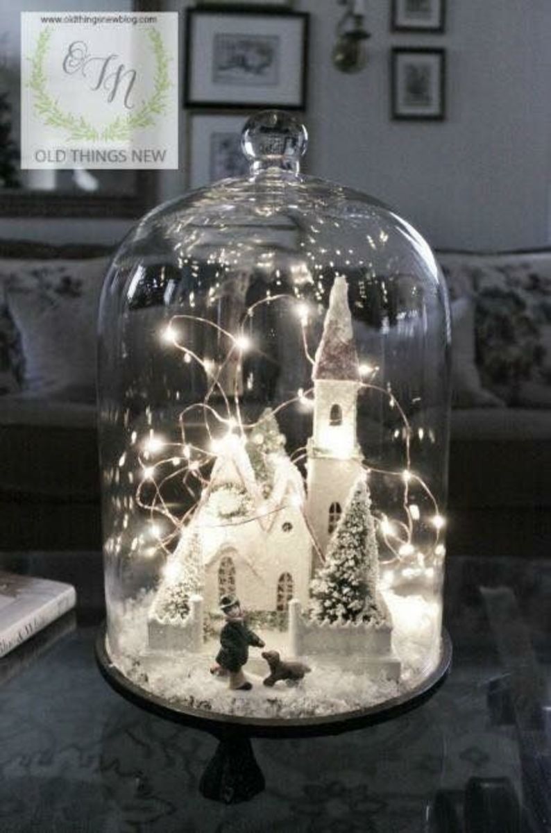 Christmas cloche Idea - Church with fairly lights and snow.