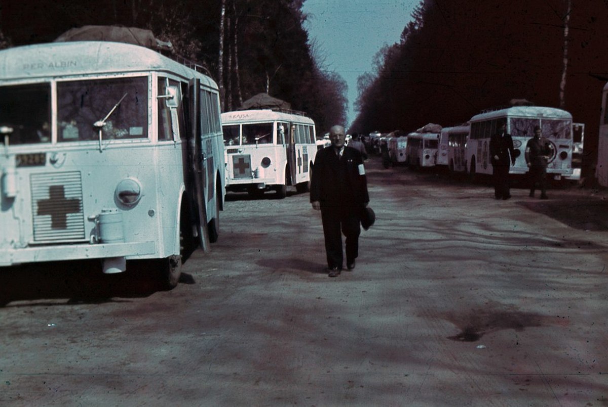 White buses are staged prior to the rescue mission.