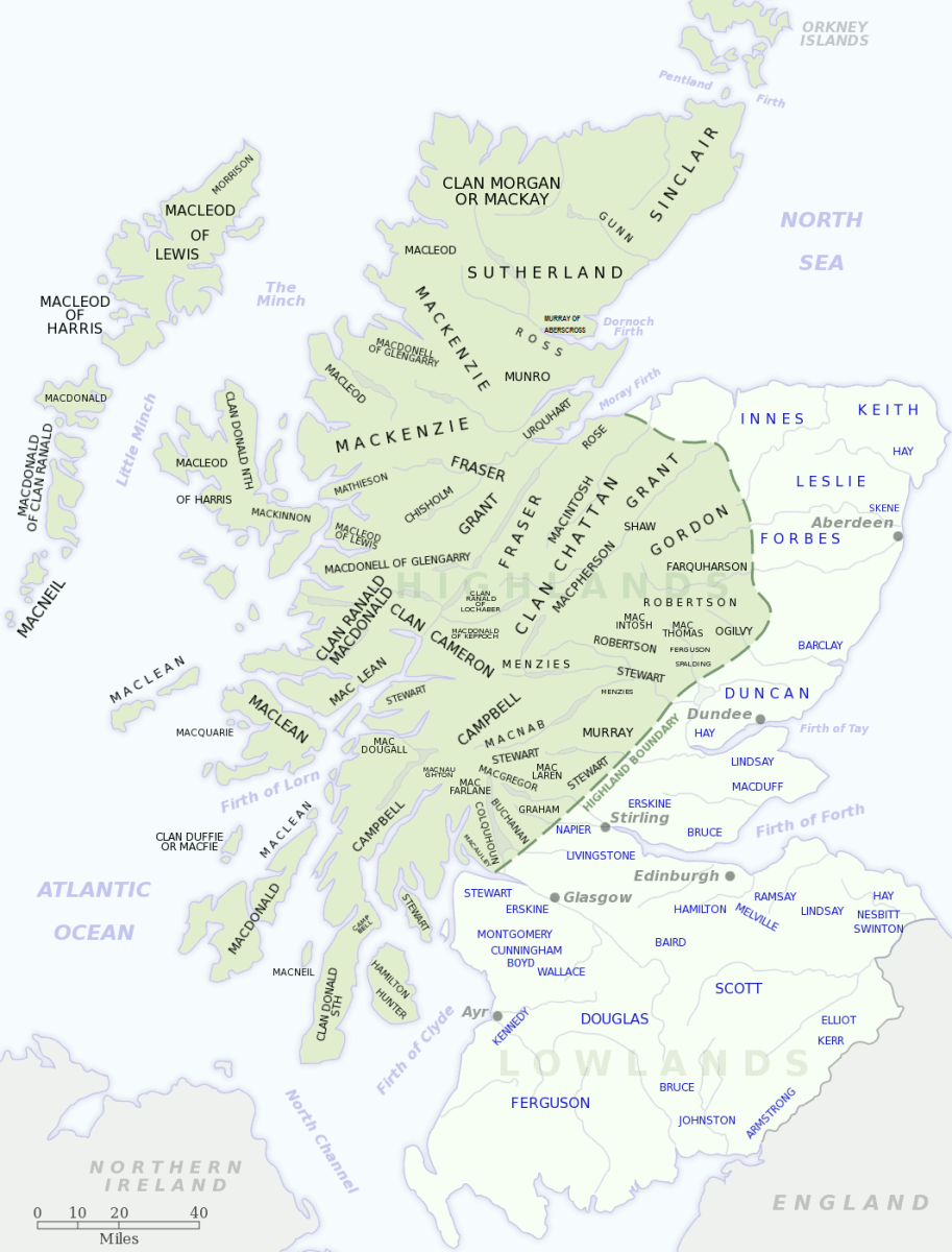 苏格兰宗族地图，包括弗雷泽的土地。西蒙·弗雷泽的母亲来自麦克劳德家族。