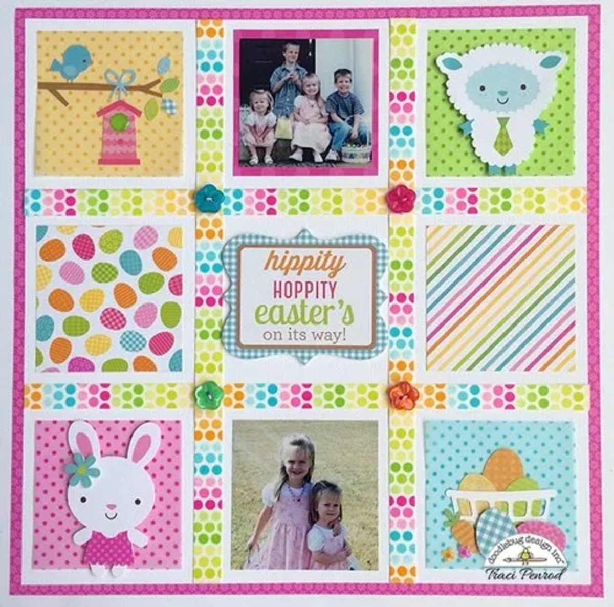 Make minuses and crosses (tic-tac-toe) style grid from washi tape. In each gap, add a photo or embellishment.