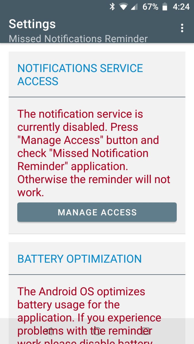 Screenshot of setup screen on the "Missed Notifications Reminder" app.