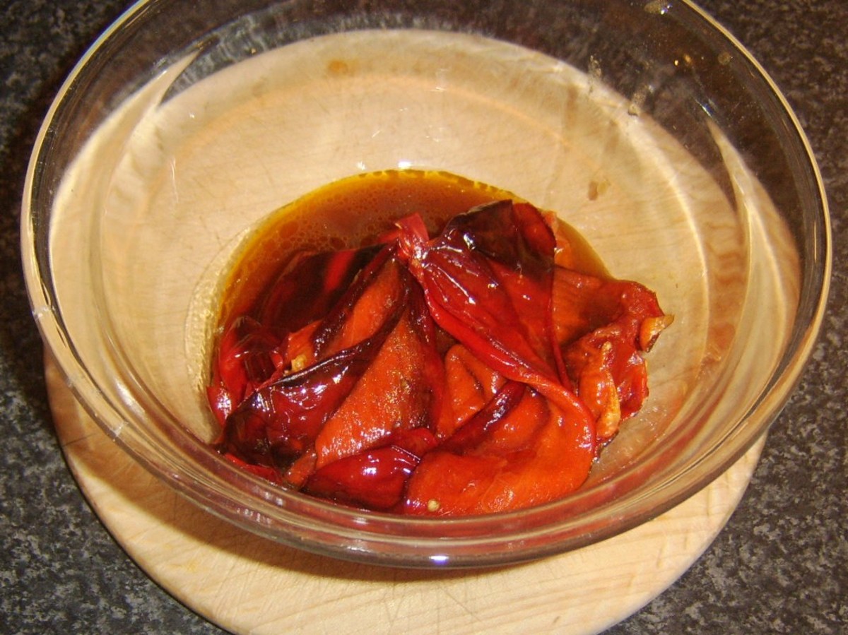 Flesh and juices from roasted peppers and tomatoes