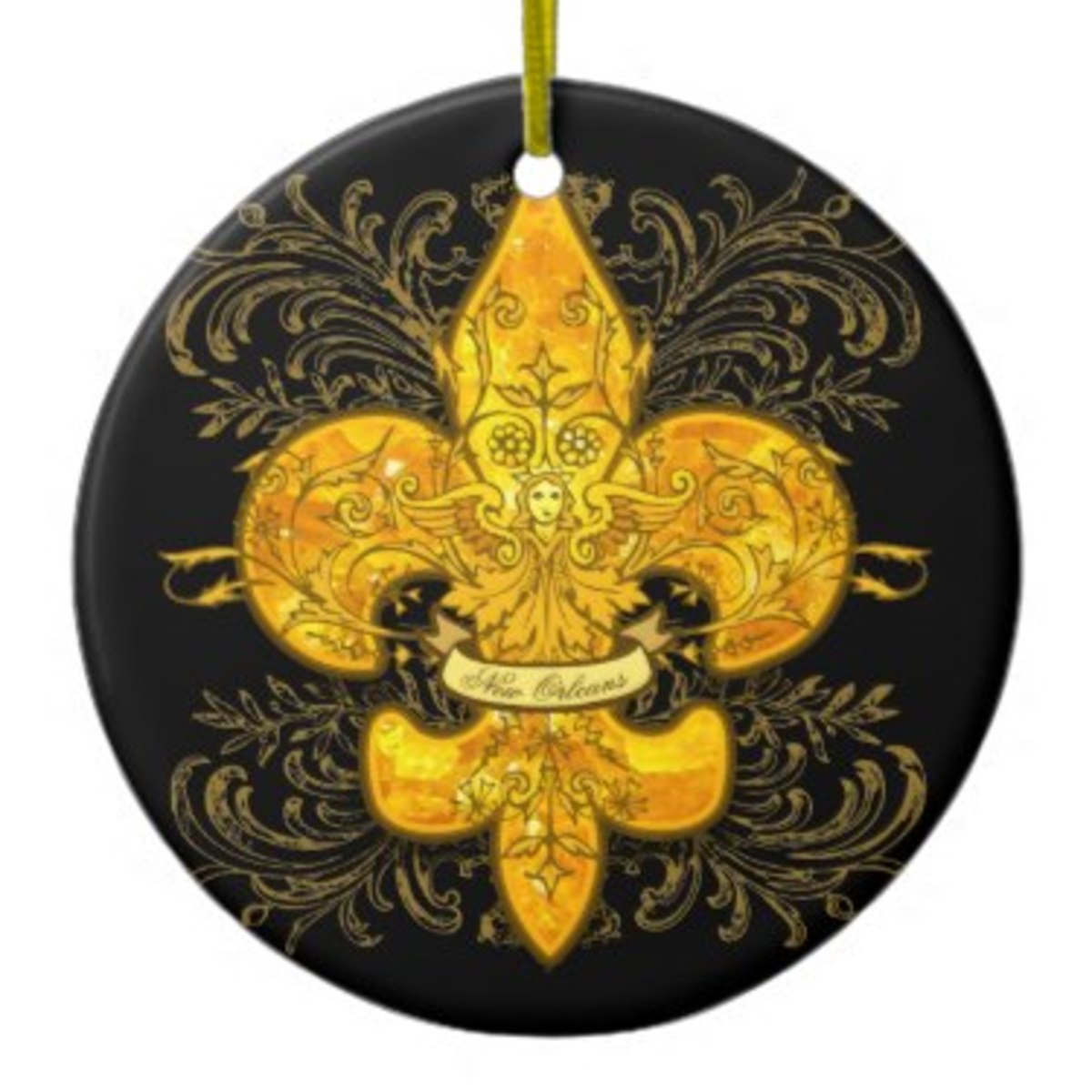 Many Christmas trees are decorated with black and gold Fleur de lis ornaments such as this Fleur de Guardian one.