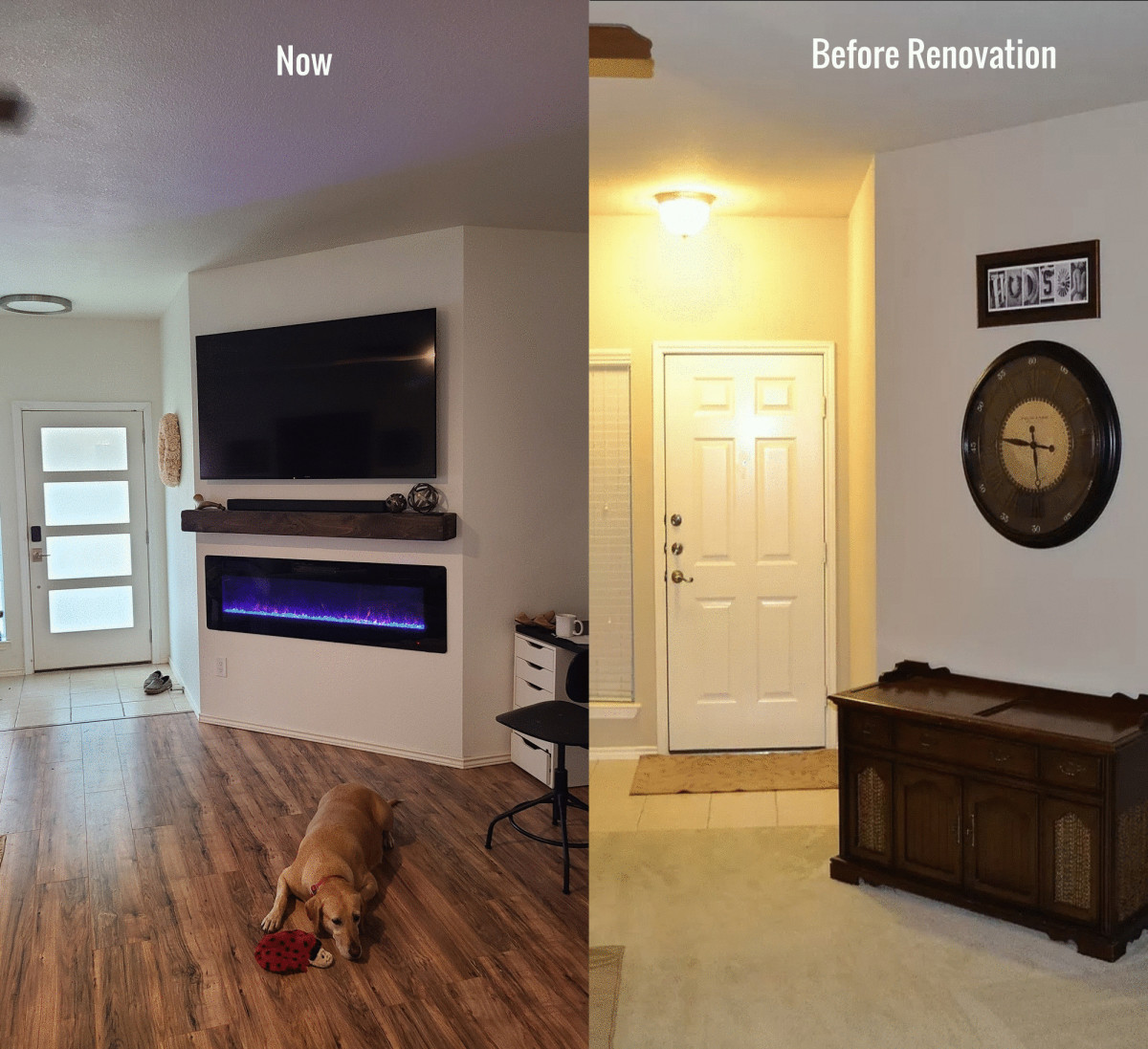 Before and after installing electric fireplace and mantel.