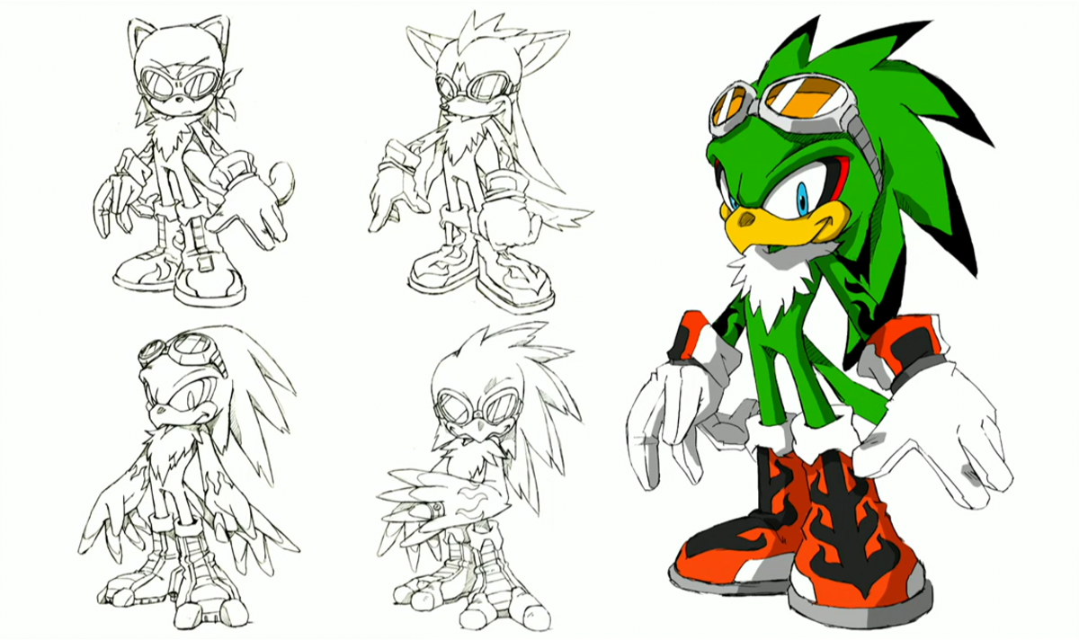 Various concept art and final deign of "Jet the Hawk"