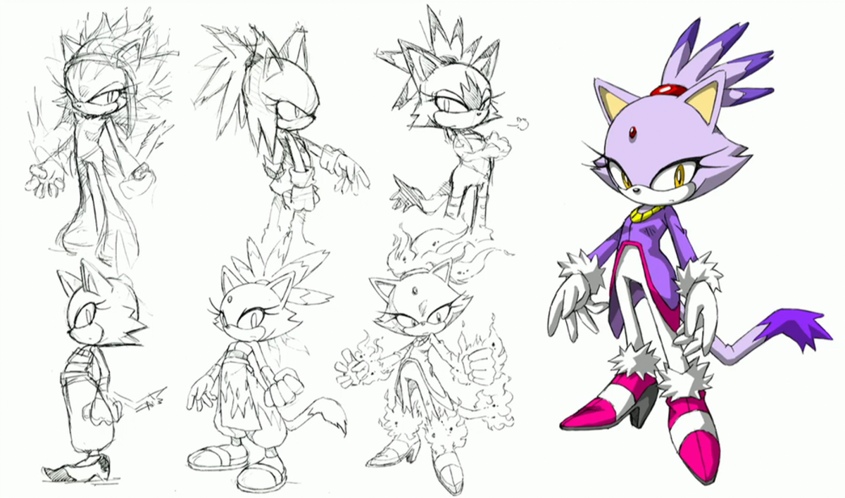 Various concept art and finalized design of "Blaze the Cat" 