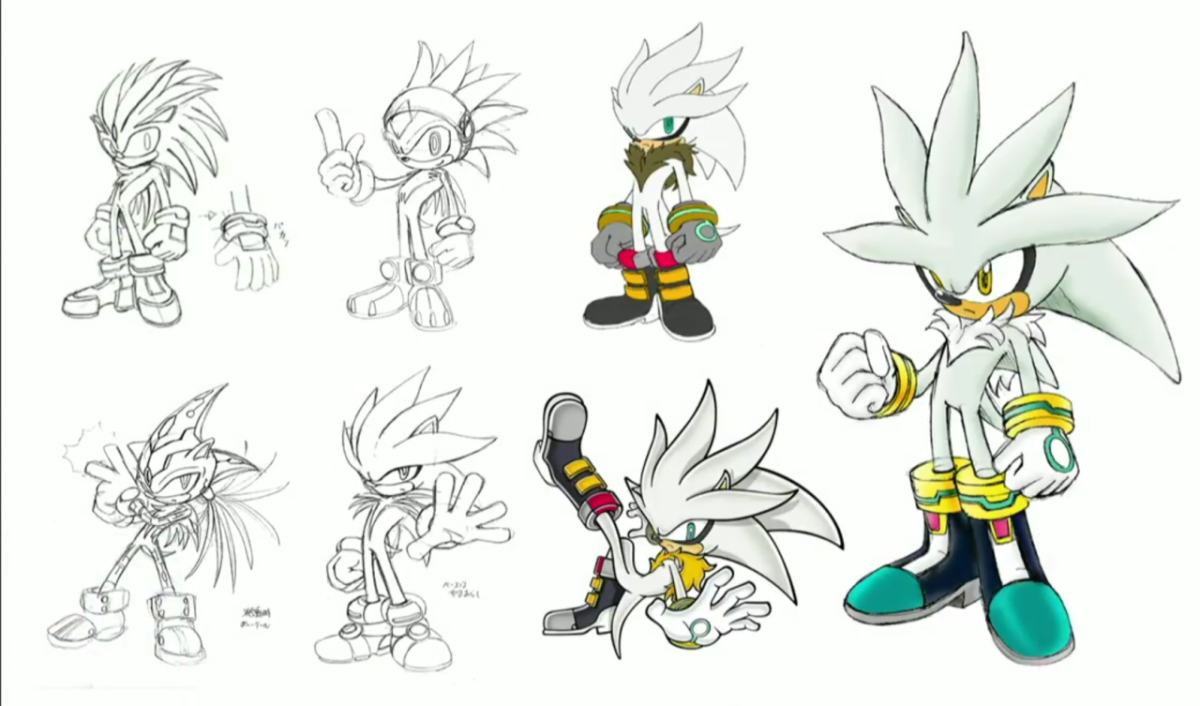 Various concept art and final design of "Silver the Hedgehog"
