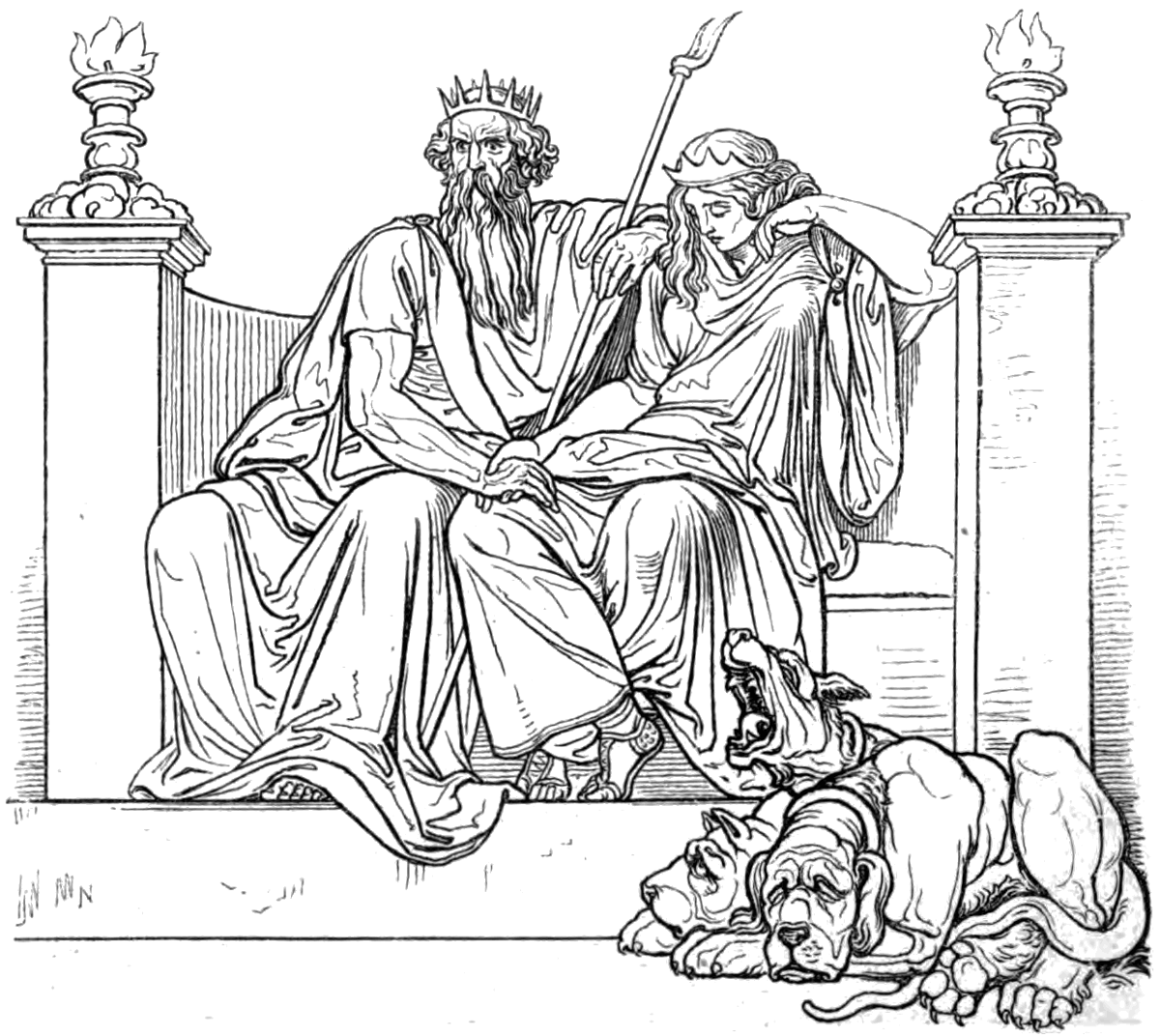 Hades, Persephone, and Cerberus in the Underworld.