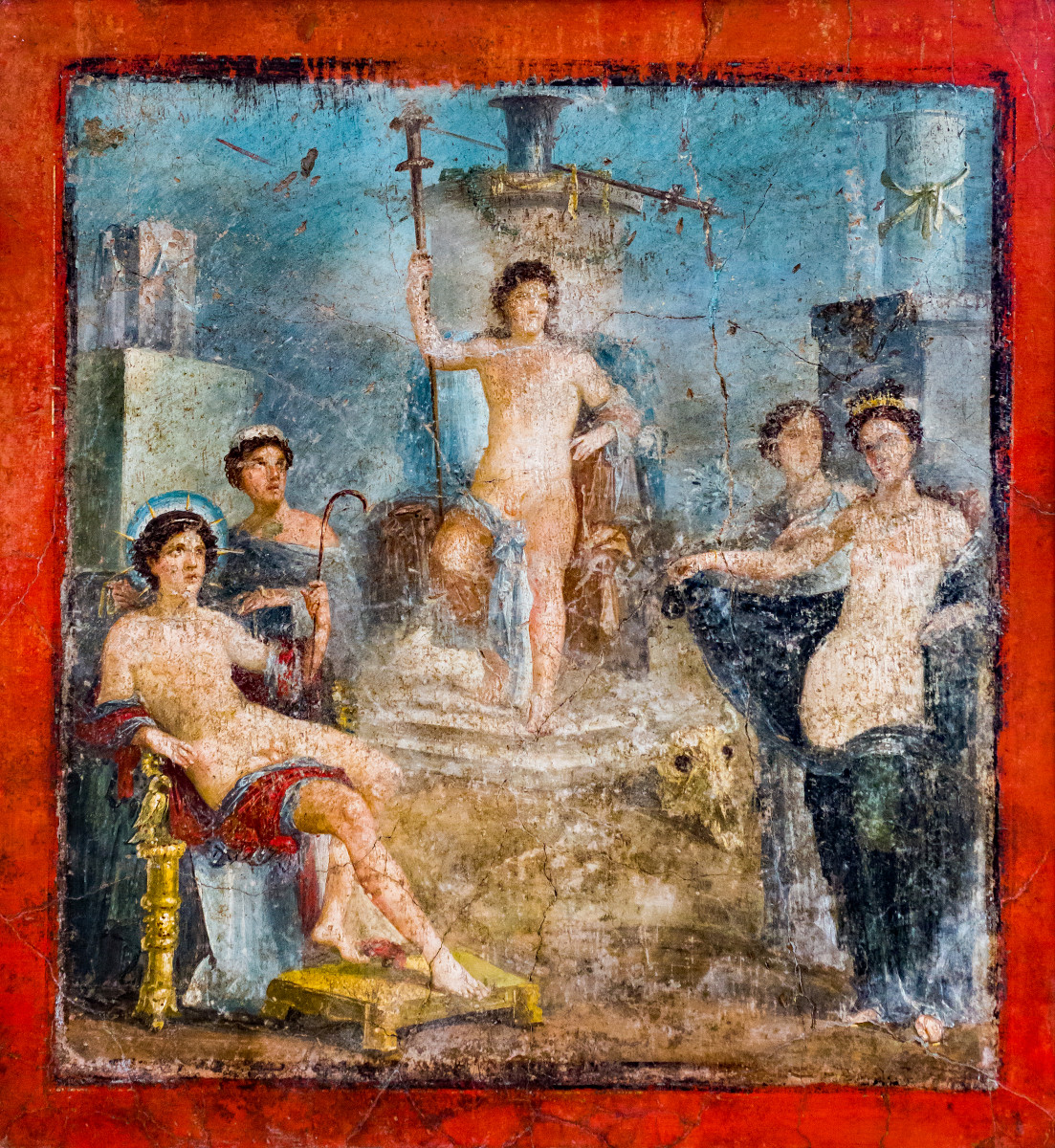 Beardless Dionysos with a long torch sitting on a throne with Helios, Aphrodite, and other gods.