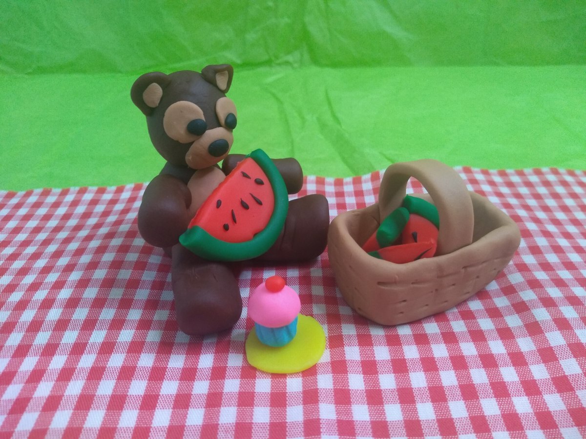Teddy Bear Enjoys A Nice Big Watermelon and A Yummy Pink Frosted Cupcake!