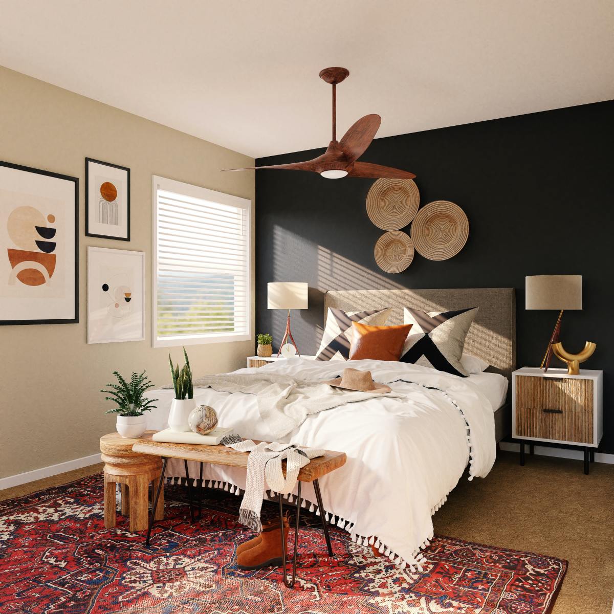 An earth-based bedroom harmonizes different elements. Earthy colors should be in abundance: rusted red, beige, brown, and yellow. A geometric rug goes well in this room.