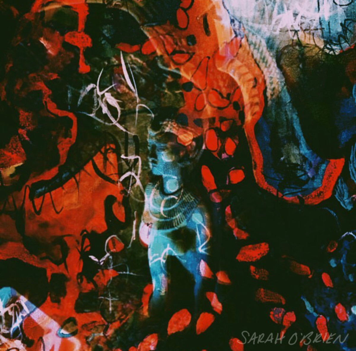 Digital art by Sarah O’Brien featuring a Sphinx statute and red abstract painting. 