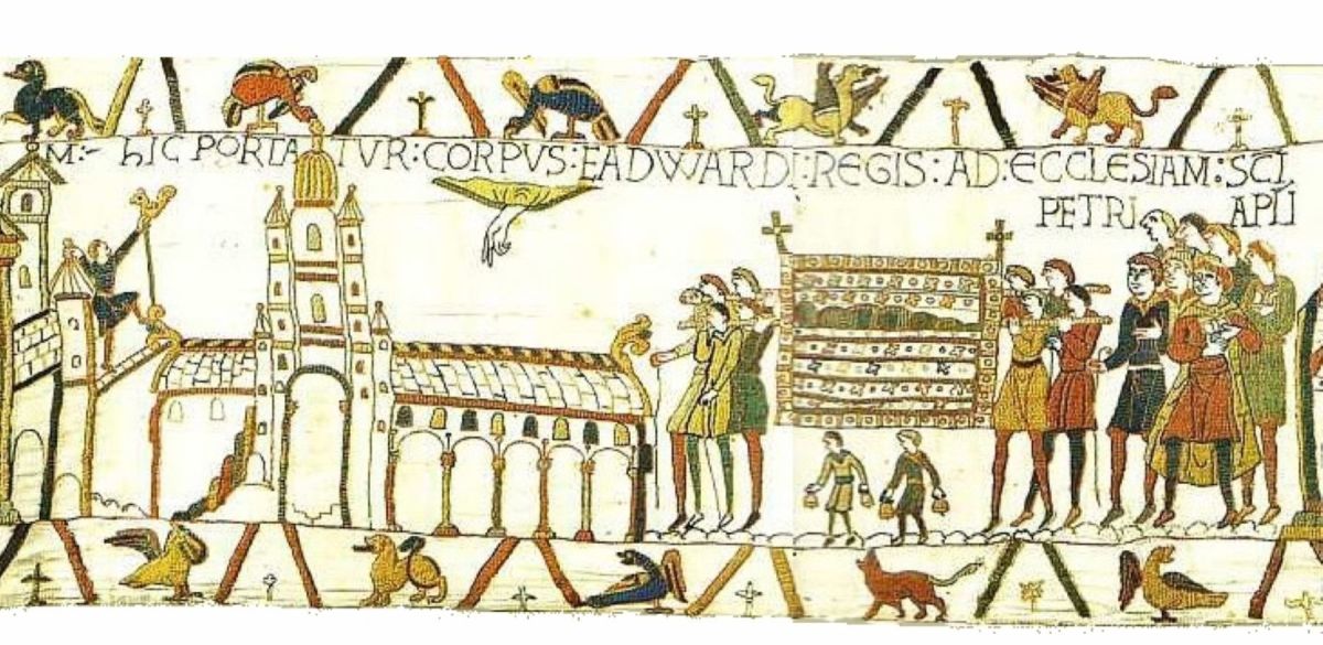 Edward the Confessor's funeral depicted in the Bayeux Tapestry. St. Peter's Abbey is shown as his final resting place.