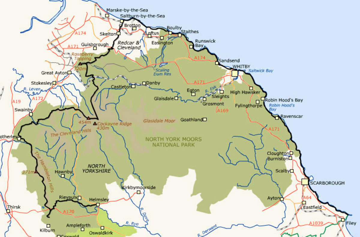 The North Yorkshire Moors National Park with the Cleveland Way (marked n solid black)