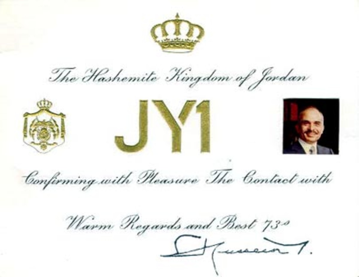 A ham radio QLS card, from King Hussein of Jordan