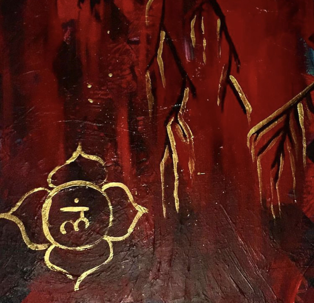 Red and gold acrylic painting representing the root chakra, by Sarah O’Brien. 