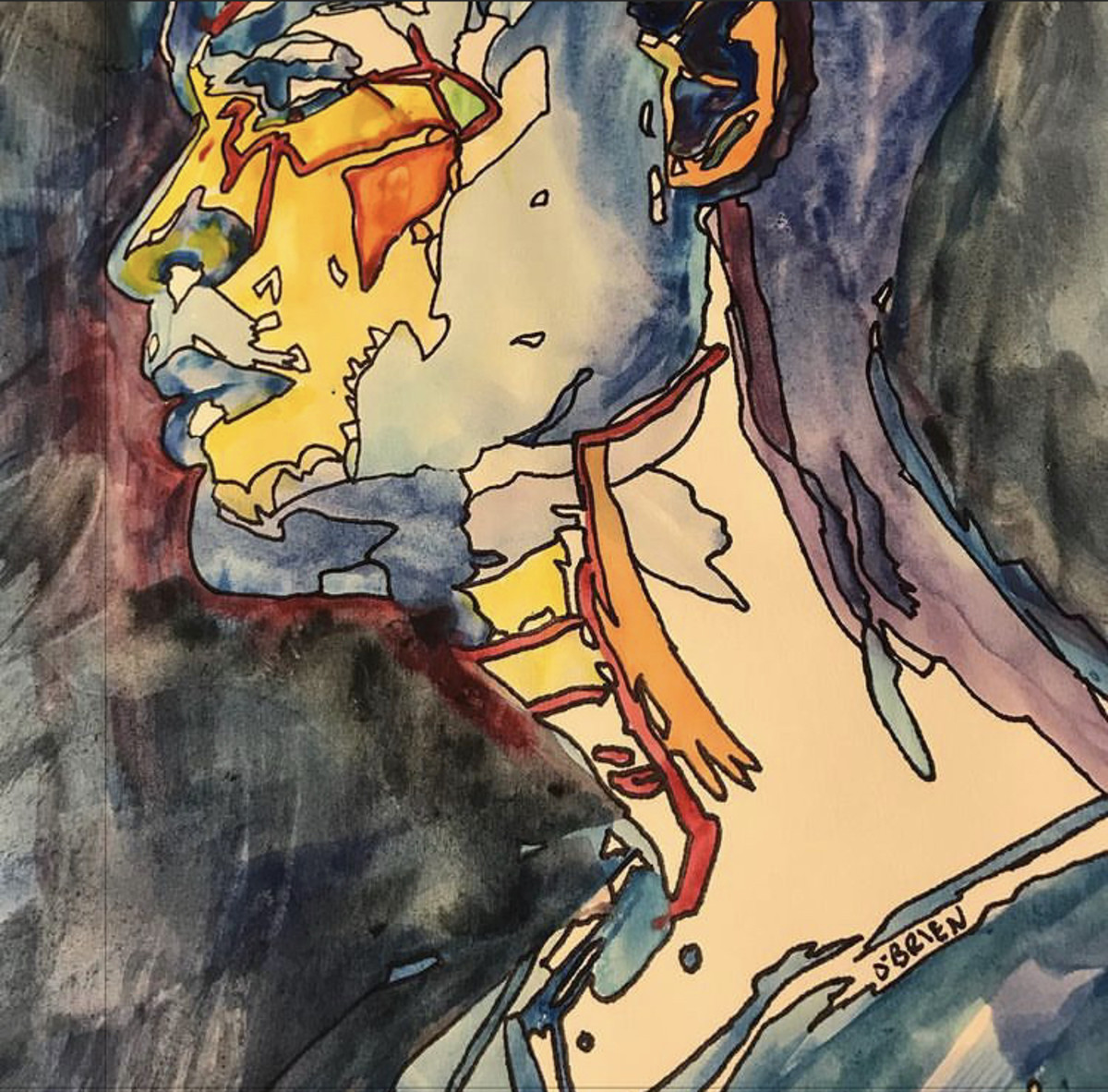 Watercolor and ink painting of a man by Sarah O’Brien.  