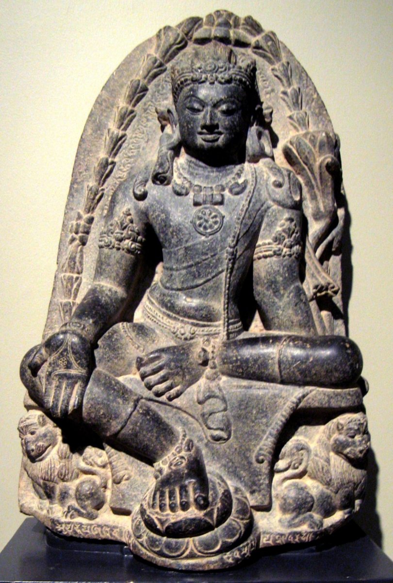 Stone statue of Manjusri from the 9th century, at the Honolulu Academy of Arts.