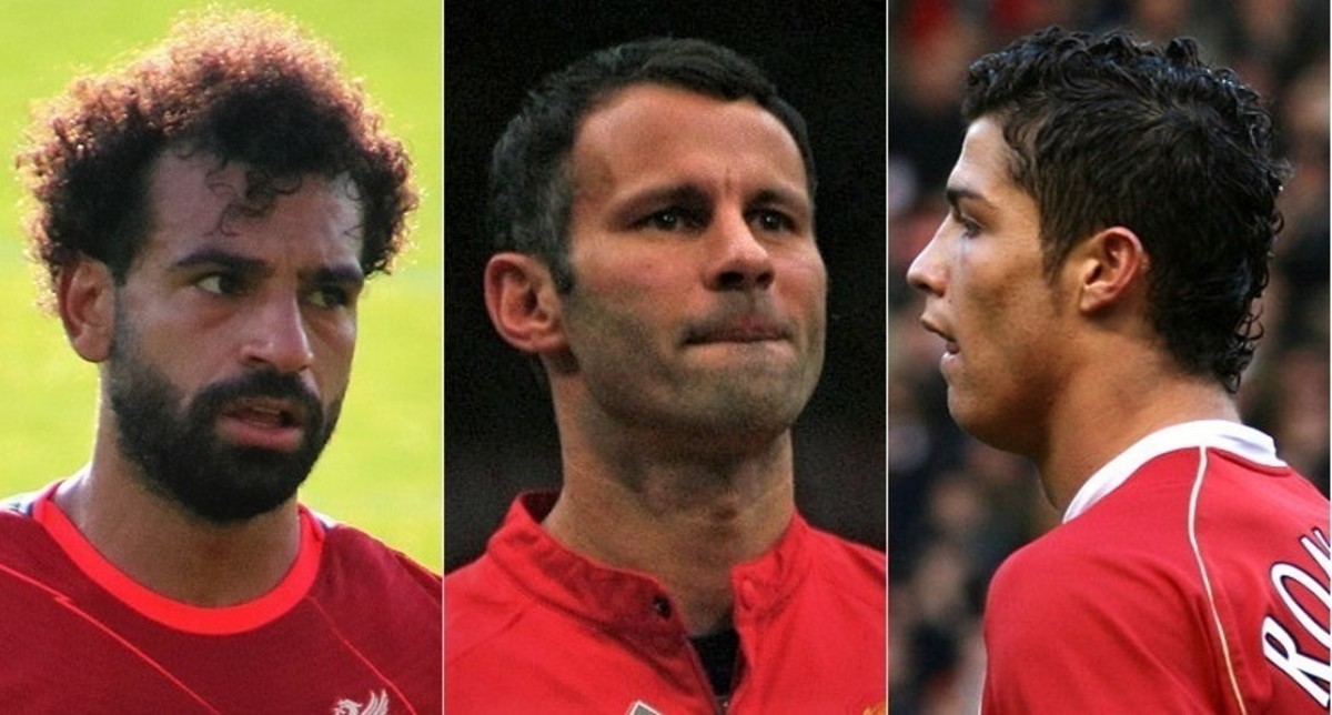 Mohamed Salah (left), Ryan Giggs (middle), and Cristiano Ronaldo (right).