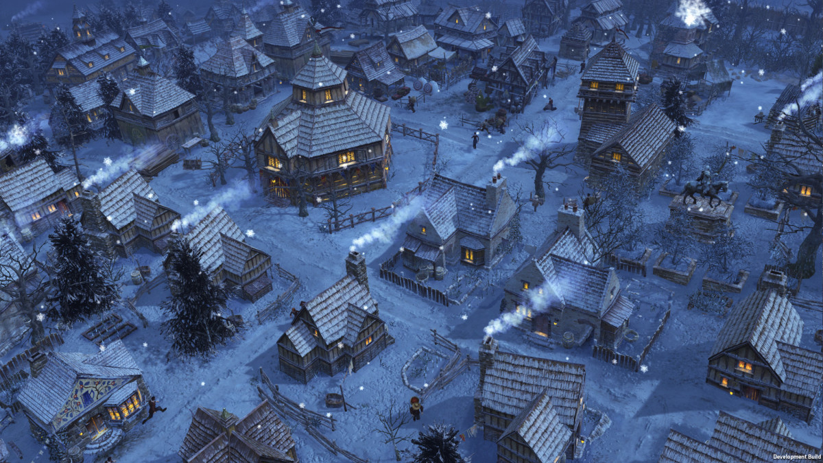 A city during the winter in "Farthest Frontier".
