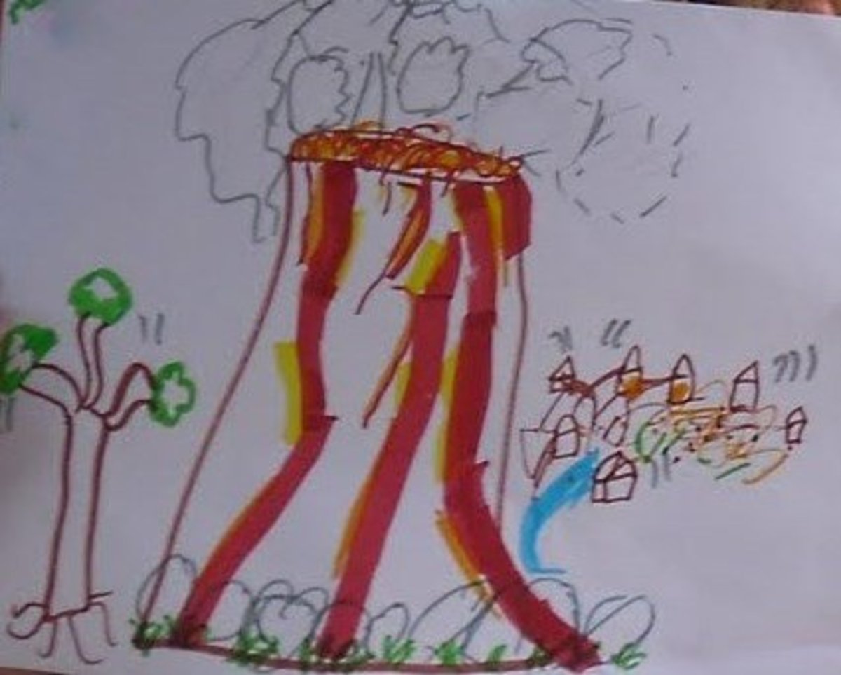 One of the children's drawings of volcano erupting that he used to accompany his presentation