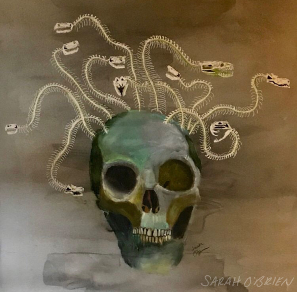 Soft pastel drawing of Medusa skull by Sarah O’Brien. 