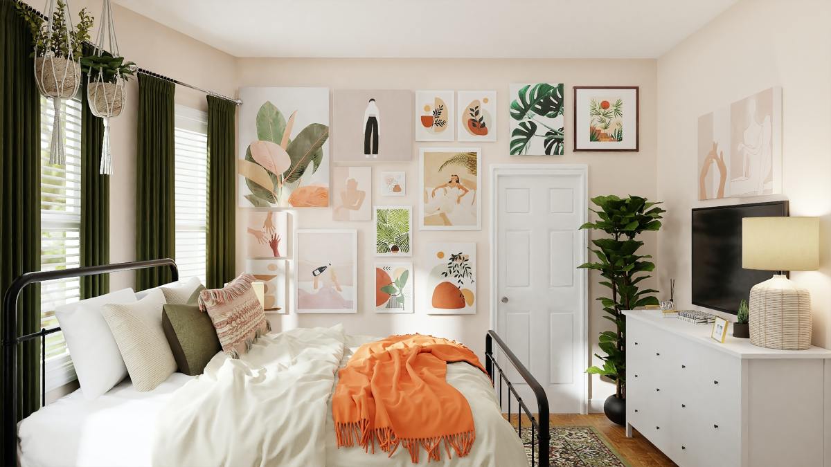 A white comforter will look nice in a room trying to get a Tiger vibe. Add an orange throw blanket and plants to bring the room together.