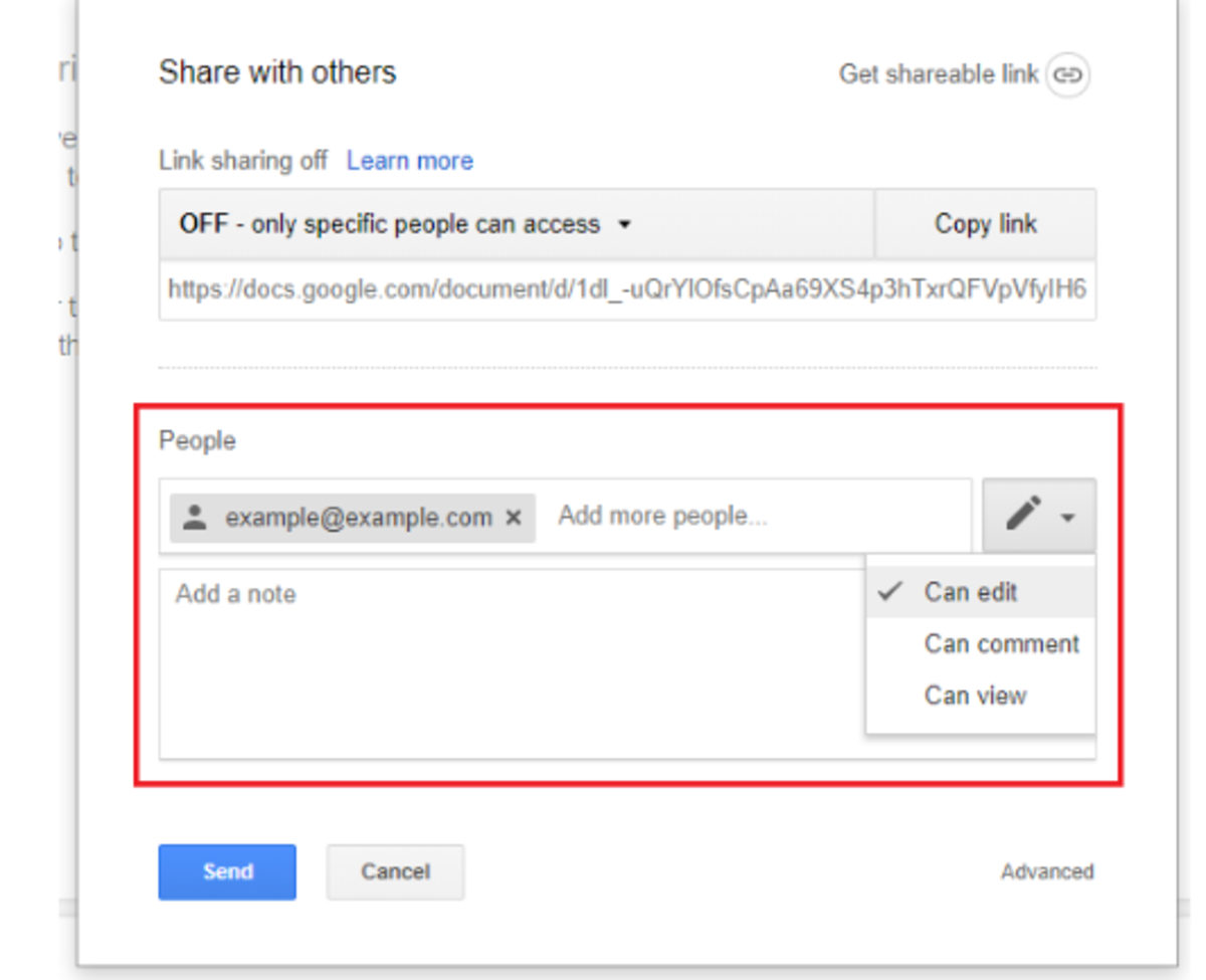 This will send an invitation to the person’s inbox and add the document to their Google Drive.