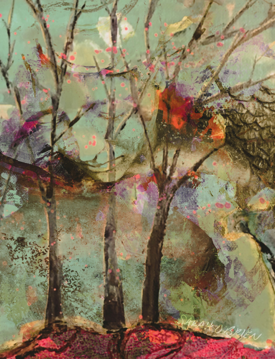 Digital art by Sarah O’Brien depicting an Angel face amongst trees. 