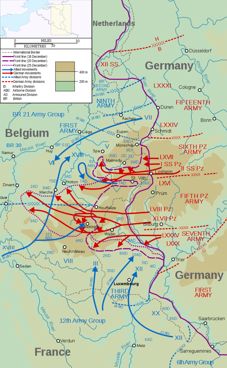 Map showing the swelling of "the Bulge" as the German offensive progressed creating the nose-like salient during 16–25 December 1944. Peiper's battle group was located in the north part of the bulge.