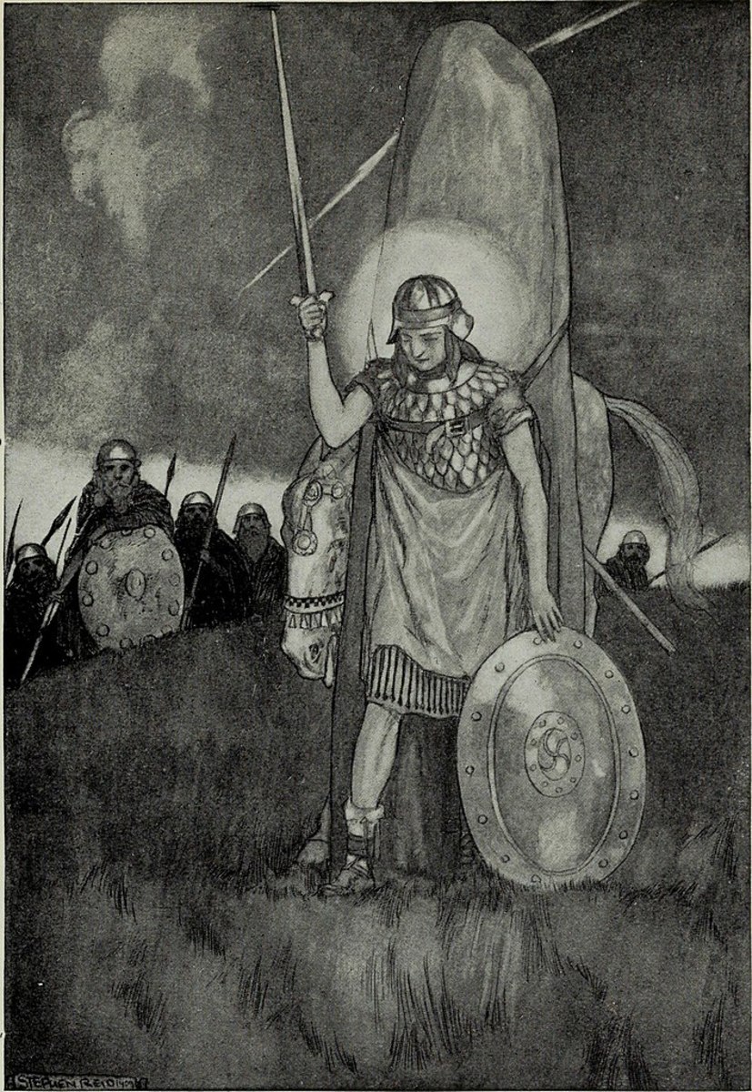 Cuchulainn's death, illustration by Stephen Reid (1904)