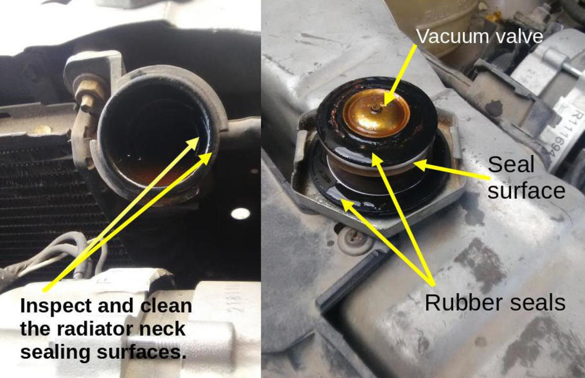 Clean and inspect sealing surfaces, vacuum valve and rubber seals on the radiator neck and cap.