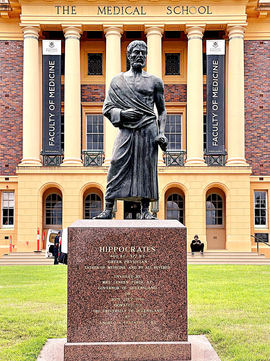 Hippocrates sculpture in front of Mayne Medical School, Brisbane, 2021