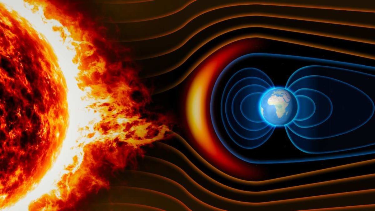 The solar wind encountering our magnetic field.