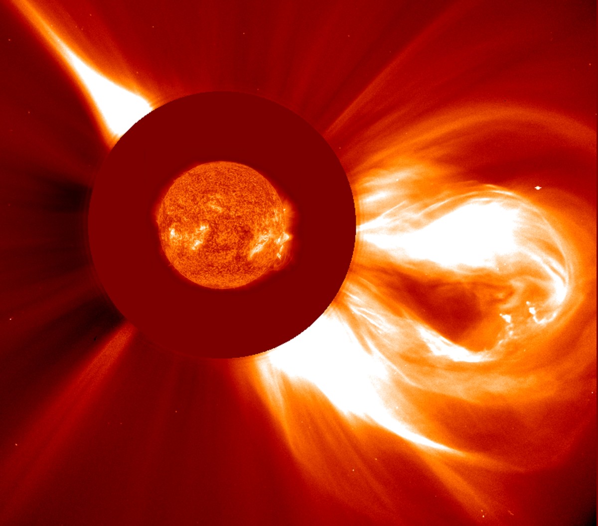 A coronal mass ejection leaves the Sun.