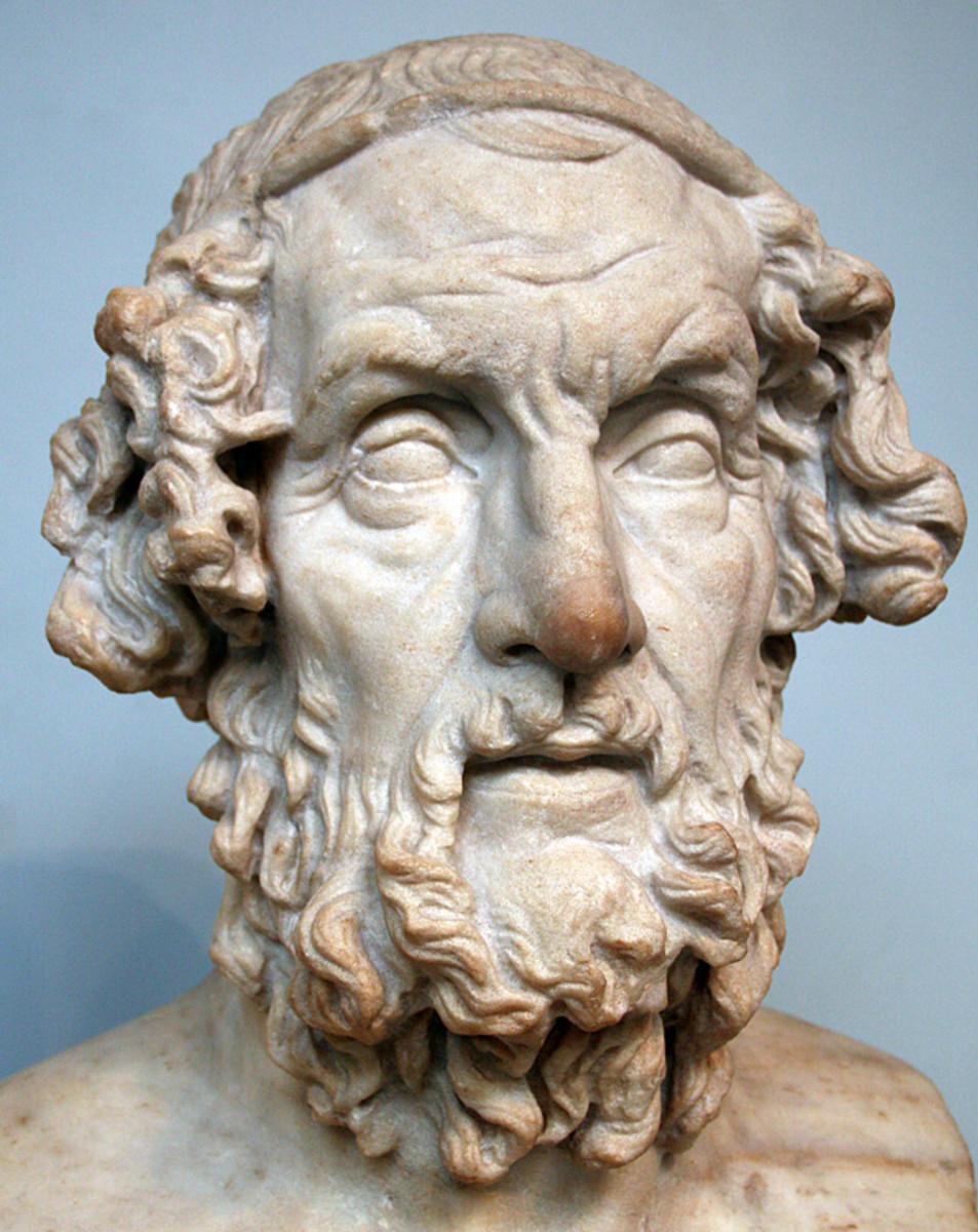 A marble bust of Homer, the author of The Odyssey. This is a Roman reproduction of an original Greek bust, and it is housed in the British Museum.