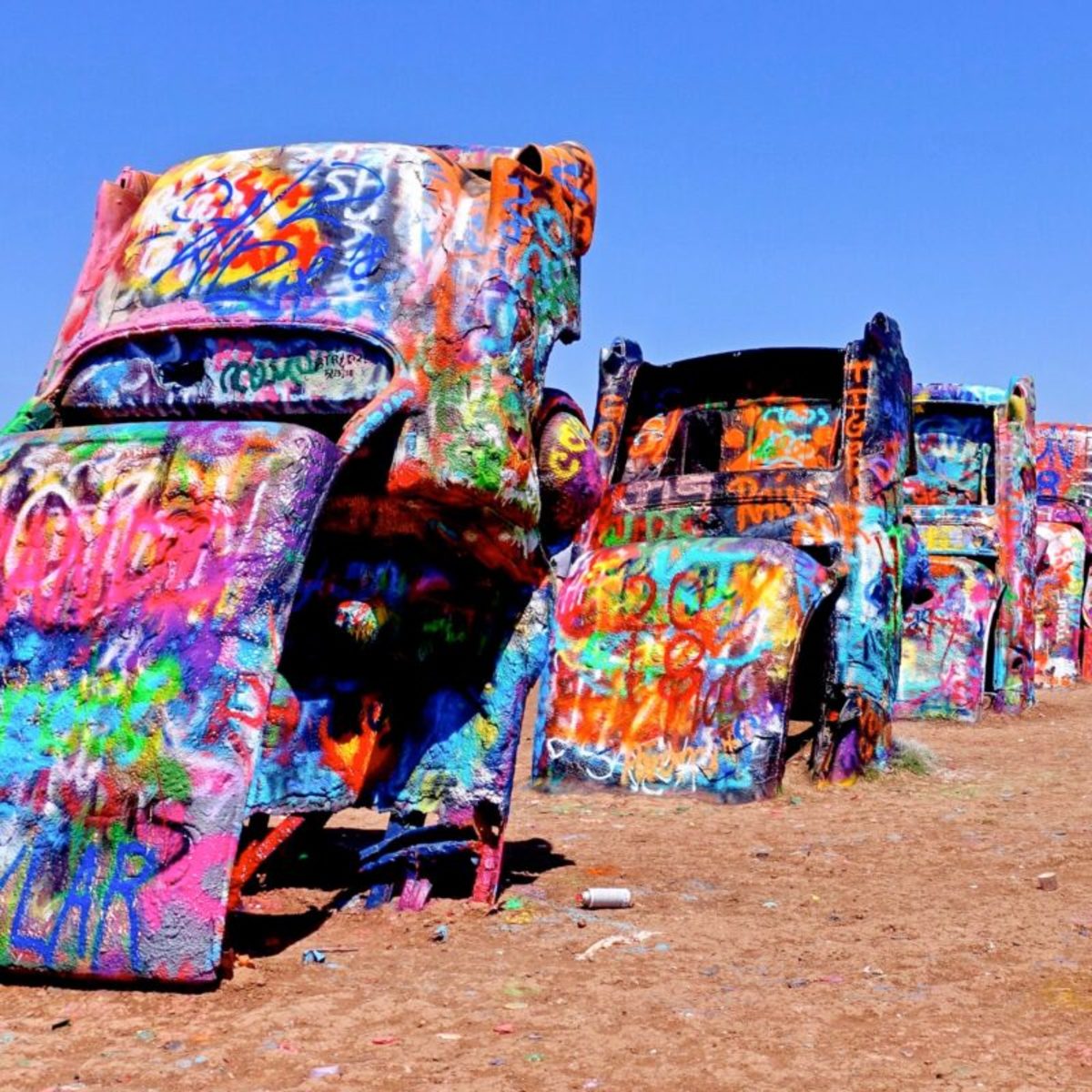 Cadillac Ranch was installed in 1974 with the various models showcasing the tailfins of these amazing cars!