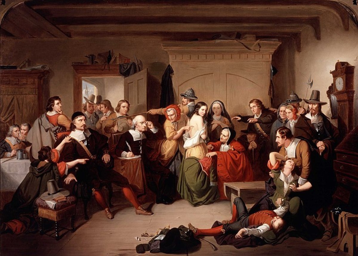 The Puritans brought their uncompromising version of Protestantism with them to America as exemplified by the Salem witch trials of 1692. Here, the examination of a "witch" is depicted.