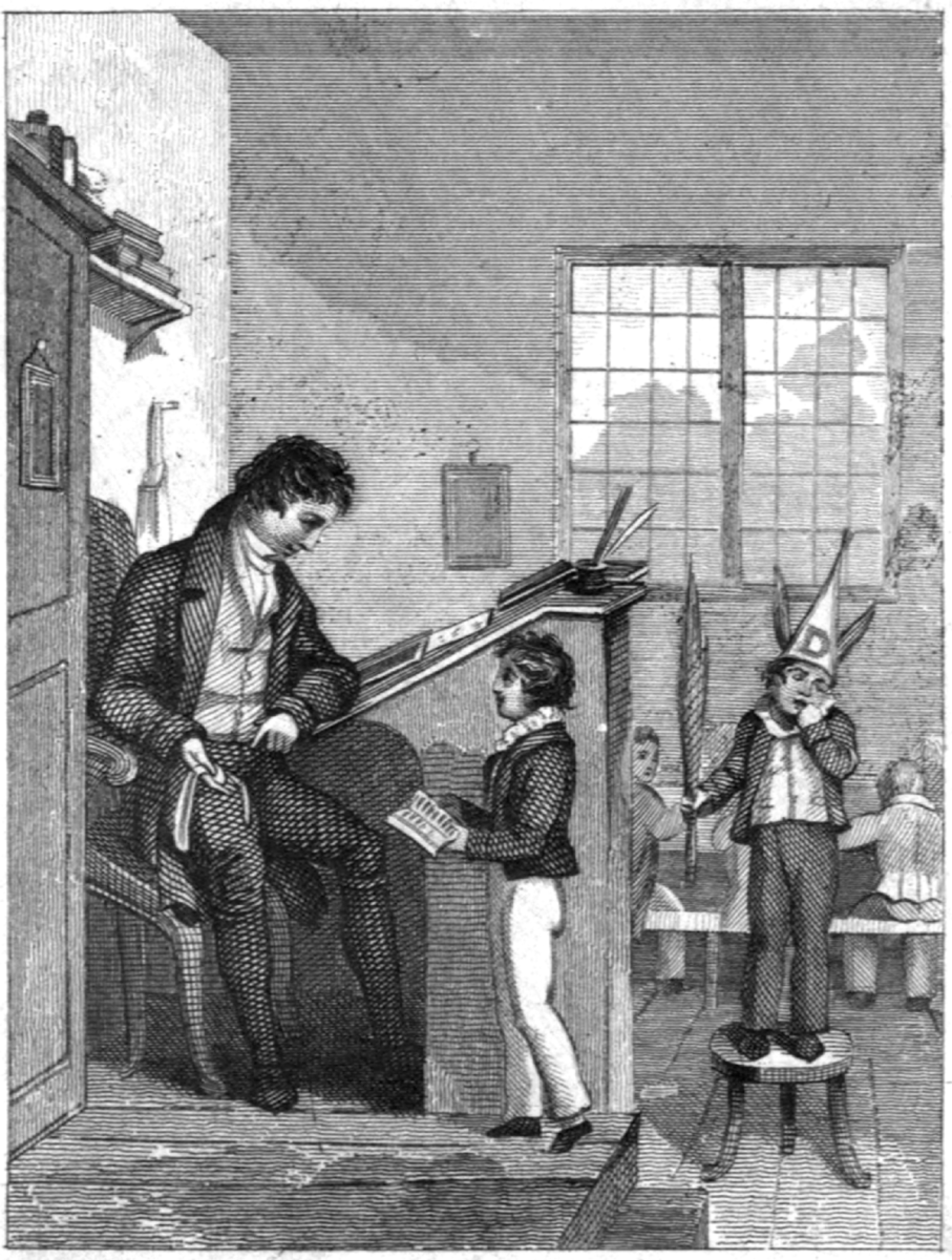 An 1828 engraving showing one good boy and another bearing a dunce's hat and asses ears to denote his naughtiness. From The Affectionate Parent’s Gift.(1828). 
